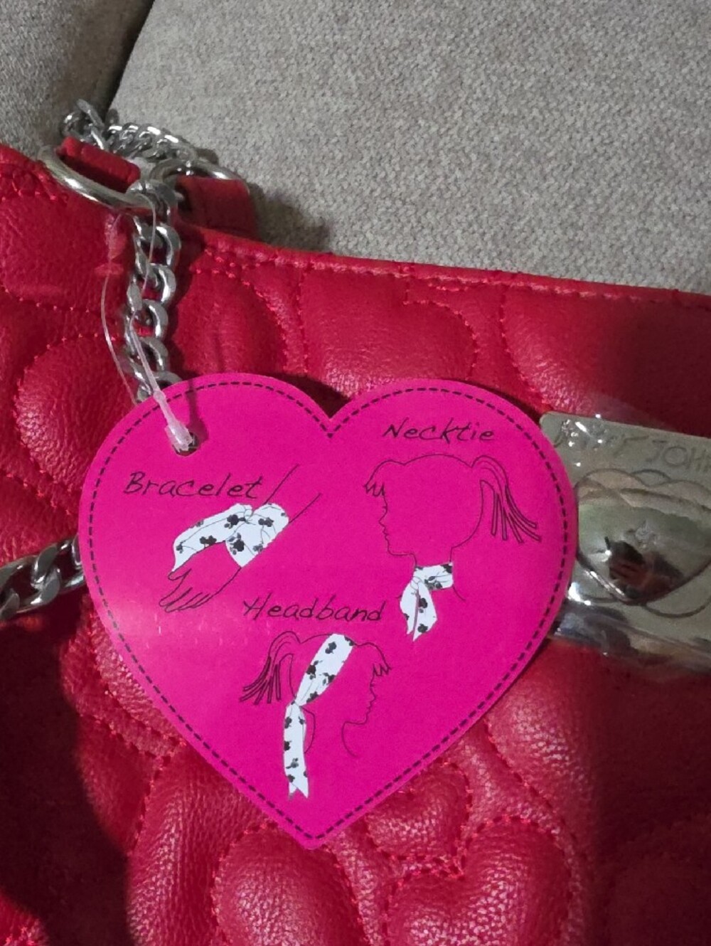 Betsey Johnson Red Quilted Heart-Pattern Shoulder Bag with Floral Scarf Accent - Picture 6 of 7